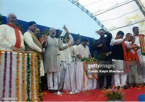 Narendra Modi takes oath as Chief Minister of Gujarat on 10th October 2001 at Gandhinagar Gujarat India.