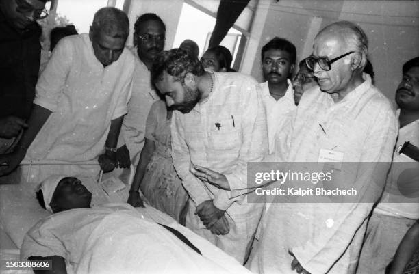 Narendra Modi with Lal Krishna Advani visits V S Hospital to meet victim of riot affected area on 6th June 1992 at Ahmedabad Gujarat India.