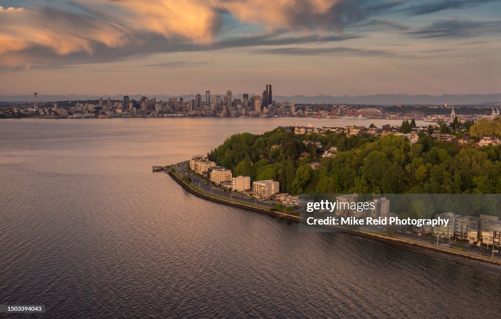 Aerial Alki Beach and Seattle Beyond