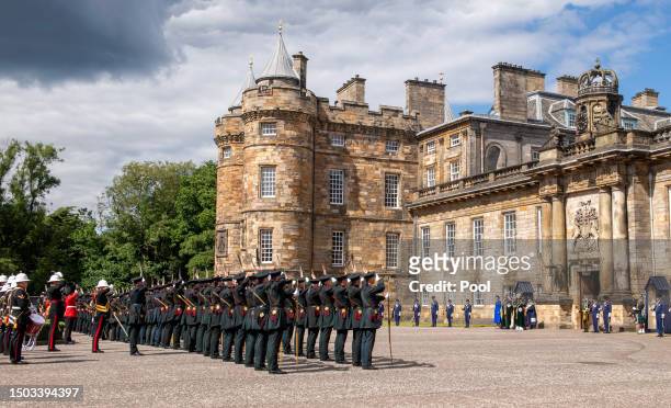 Members of the Royal Company of Archers at the Palace of Holyroodhouse, following a National Service of Thanksgiving and Dedication to the coronation...