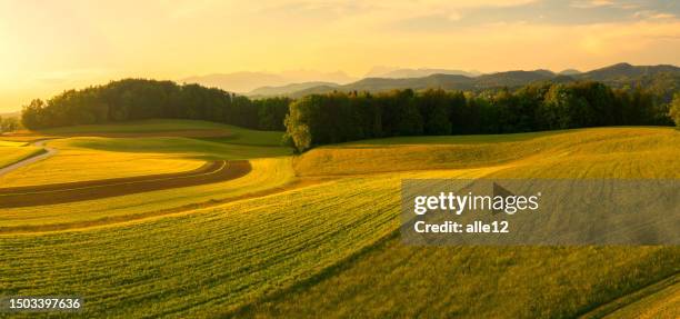 hermoso paisaje atardecer - campo arado fotografías e imágenes de stock