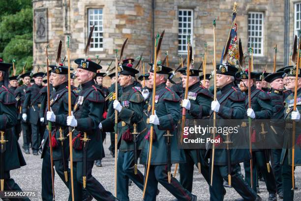 Members of the Royal Company of Archers at the Palace of Holyroodhouse, following a National Service of Thanksgiving and Dedication to the coronation...