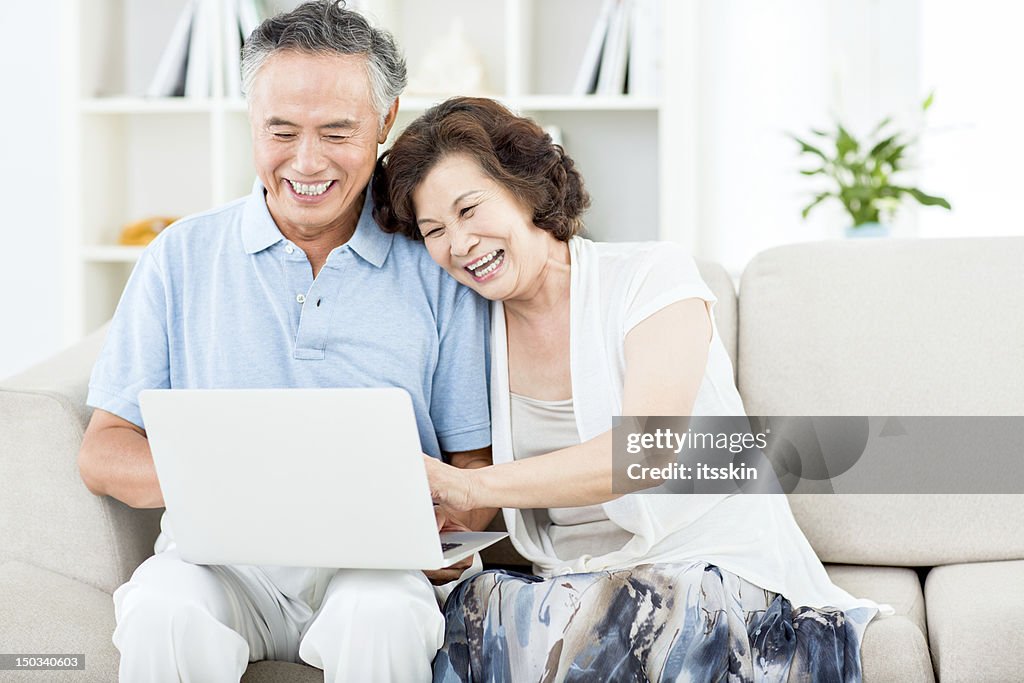 Two senior asian people using computer