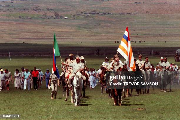 Members of South African self-styled racist, white supremacist Afrikaner Weerstandsbeweging, AWB , arrive on horseback 10 October 1987 in...