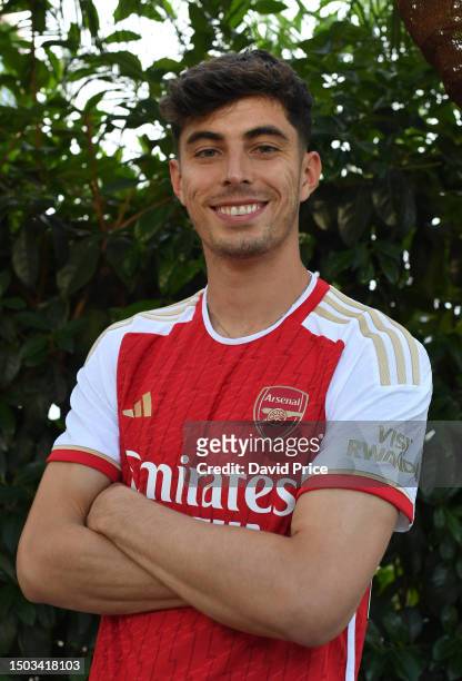 Kia Havertz poses after signing for Arsenal on June 28, 2023 in Marbella, Spain.