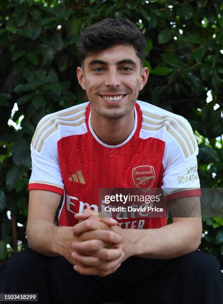Kia Havertz poses after signing for Arsenal on June 28, 2023 in Marbella, Spain.