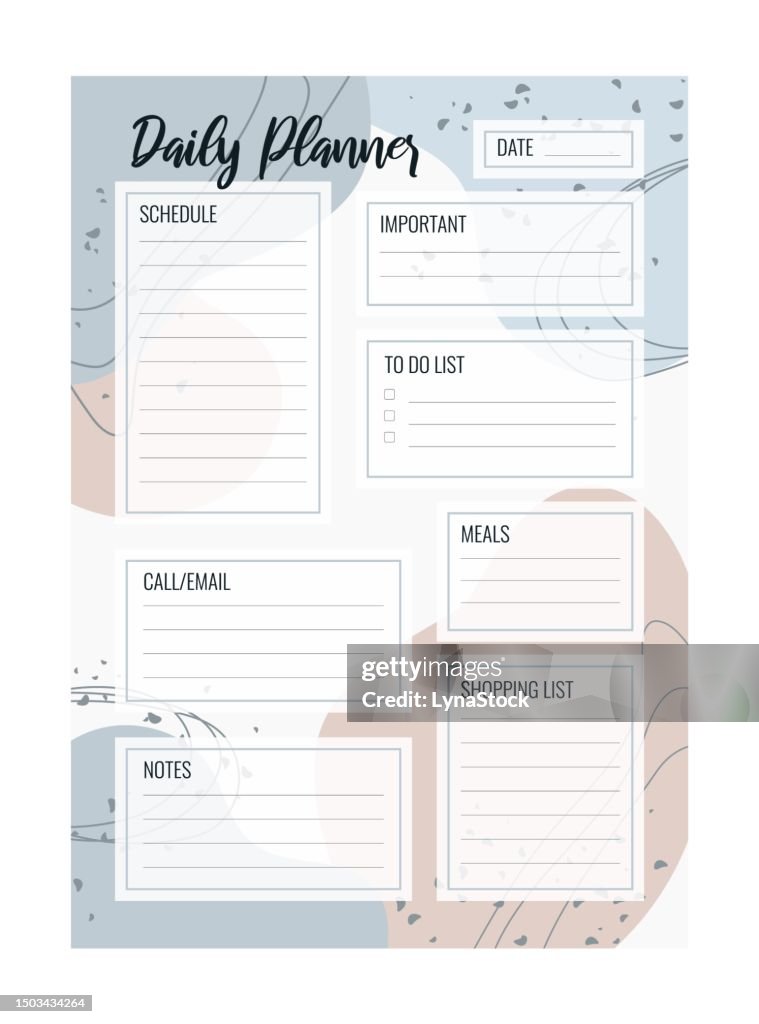 Daily planner printable vector template. Blank organizer page A4, A5. Business schedule page for a day for effective planning. Personal notebook. Paper sheet. White background.