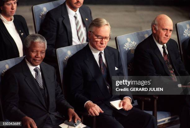 African National Congress President Nelson Mandela , President of the Nobel committee Dr. Francis Sejersted and South African president Frederik De...