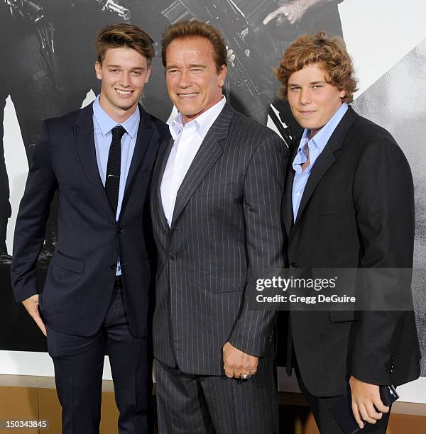 Patrick Schwarzenegger, Arnold Schwarzenegger and Christopher Schwarzenegger arrive at Los Angeles premiere of "The Expendables 2" at Grauman's...