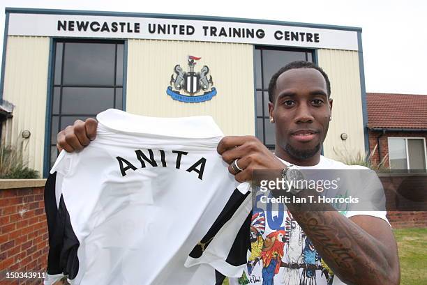 Vurnon Anita poses after signing for Newcastle United on August 16 at Little Benton Training Ground in Newcastle, United Kingdom