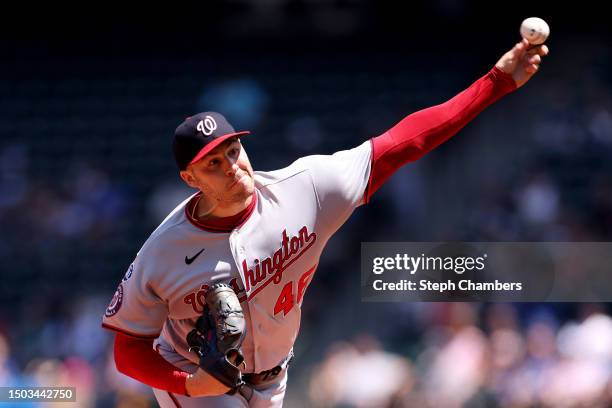 Patrick Corbin of the Washington Nationals pitches during the first inning at T-Mobile Park on June 28, 2023 in Seattle, Washington.