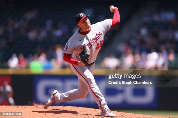 Patrick Corbin of the Washington Nationals pitches during the first inning at T-Mobile Park on June 28, 2023 in Seattle, Washington.