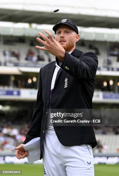 England captain Ben Stokes tosses the coin ahead of Day One of the LV= Insurance Ashes 2nd Test match between England and Australia at Lord's Cricket...