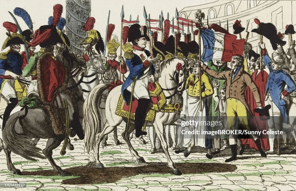 Napoleon Emperor of the French, on his return from Elba to his capital and received by the general cheering of the people, France, Historical, digitally restored reproduction from a 19th century original