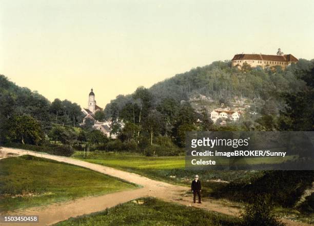 waltershausen and tenneberg castle, thuringia, c. 1890, germany, historic, digitally restored reproduction from a 19th century original - castelo stock illustrations