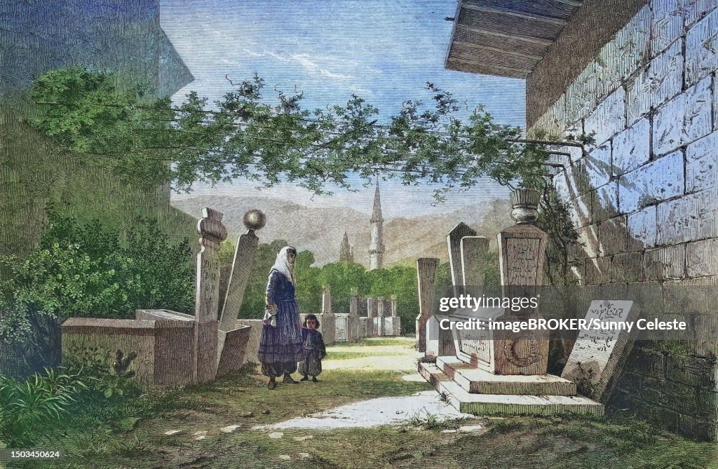 The Tombs of the Tatars in Bakchifarai, Bakhchysaraj, Crimea, Ukraine, historical engraving, 1869, Historical, digitally restored reproduction from a 19th century original, coloured, exact date unknown