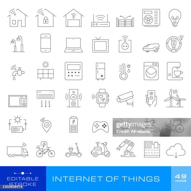 ilustraciones, imágenes clip art, dibujos animados e iconos de stock de internet de las cosas - conjunto de 49 iconos - camión frigorífico