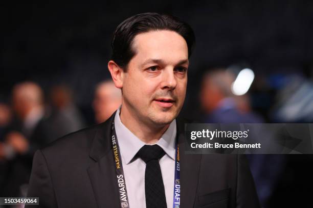 Daniel Brière of the Philadelphia Flyers is seen prior to round one of the 2023 Upper Deck NHL Draft at Bridgestone Arena on June 28, 2023 in...