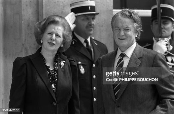 French minister for European Affairs Roland Dumas meets with British Prime Minister Margaret Thatcher, on May 04, 1984 at the Elysee Palace, in...