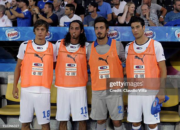 Manolo Gabbiadini, Ezequiel Schelotto, Andrea Consigli and Federico Peluso of Italy during the international friendly match between England and Italy...