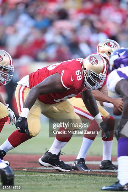 Leonard Davis of the San Francisco 49ers blocks during the game against the Minnesota Vikings at Candlestick Park on August 10, 2012 in San...