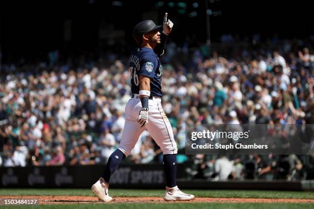 Jose Caballero of the Seattle Mariners celebrates his home run during the eighth inning against the Washington Nationals at T-Mobile Park on June 28,...