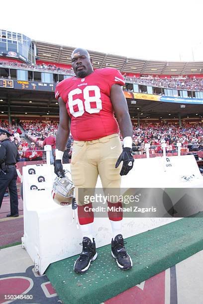 Leonard Davis of the San Francisco 49ers stands on the sideline during the game against the Minnesota Vikings at Candlestick Park on August 10, 2012...