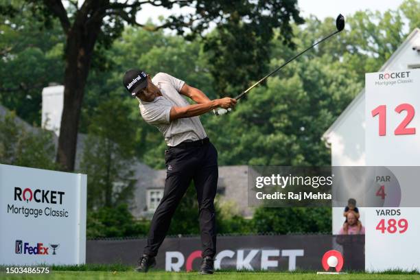 Satoshi Kodaira of Japan hits a tee shot on the 12th hole during a practice round prior to the Rocket Mortgage Classic at Detroit Golf Club on June...