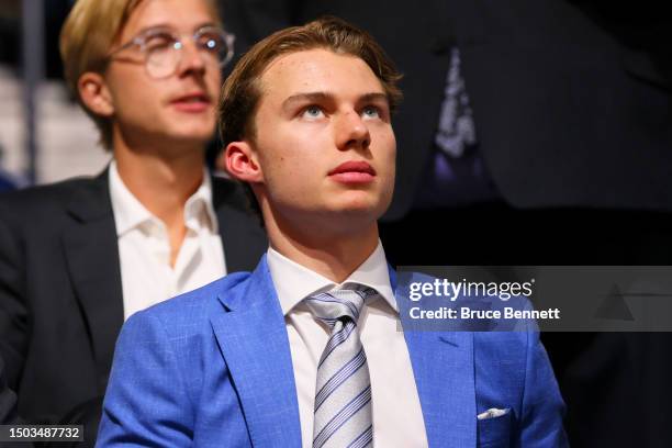Connor Bedard is seen prior to round one of the 2023 Upper Deck NHL Draft at Bridgestone Arena on June 28, 2023 in Nashville, Tennessee.