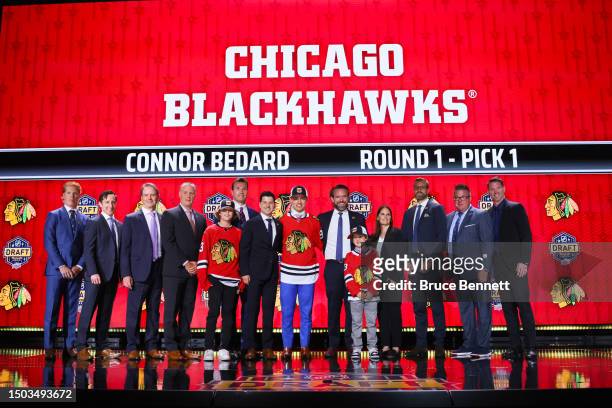 Connor Bedard is selected by the Chicago Blackhawks with the first overall pick during round one of the 2023 Upper Deck NHL Draft at Bridgestone...