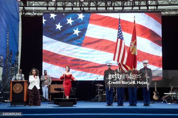 American ambassador Julissa Reynoso listening to Ruth Lorenzo singing the American National Anthem during the Reception on the Occasion of the 247th...