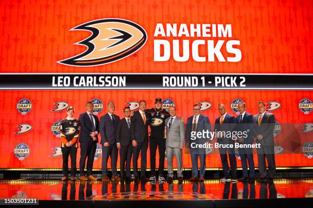 Leo Carlsson is selected by the Anaheim Ducks with the second overall pick during round one of the 2023 Upper Deck NHL Draft at Bridgestone Arena on...