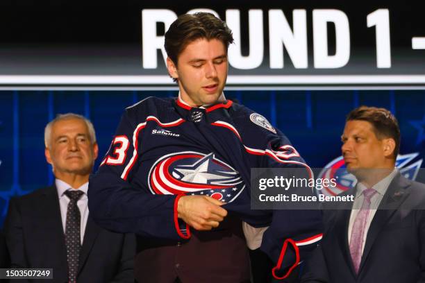 Adam Fantilli is selected by the Columbus Blue Jackets with the third overall pick during round one of the 2023 Upper Deck NHL Draft at Bridgestone...