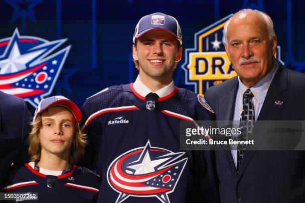 Adam Fantilli is selected by the Columbus Blue Jackets with the third overall pick during round one of the 2023 Upper Deck NHL Draft at Bridgestone...