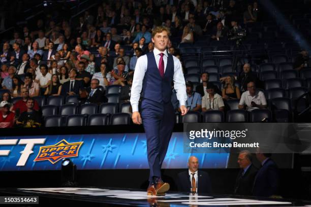 William Smith is selected by the San Jose Sharks with the fourth overall pick during round one of the 2023 Upper Deck NHL Draft at Bridgestone Arena...