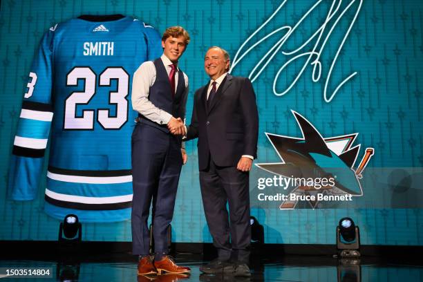 William Smith is selected by the San Jose Sharks with the fourth overall pick during round one of the 2023 Upper Deck NHL Draft at Bridgestone Arena...