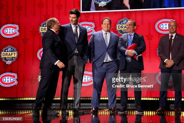 Carey Price of the Montréal Canadiens is seen on stage during round one of the 2023 Upper Deck NHL Draft at Bridgestone Arena on June 28, 2023 in...