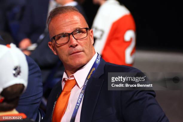 Head coach Greg Cronin of the Anaheim Ducks looks on during round one of the 2023 Upper Deck NHL Draft at Bridgestone Arena on June 28, 2023 in...