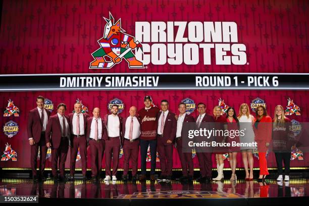 Dmitriy Simashev is selected by the Arizona Coyotes with the sixth overall pick during round one of the 2023 Upper Deck NHL Draft at Bridgestone...