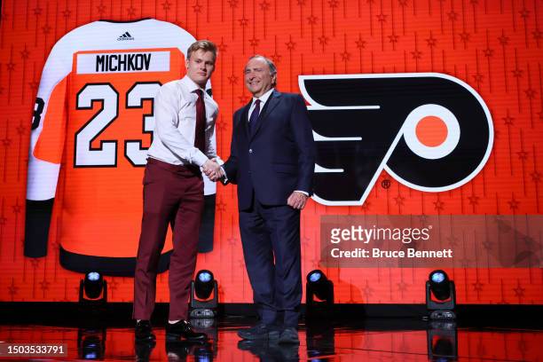 Matvei Michkov is selected by the Philadelphia Flyers with seventh overall pick during round one of the 2023 Upper Deck NHL Draft at Bridgestone...