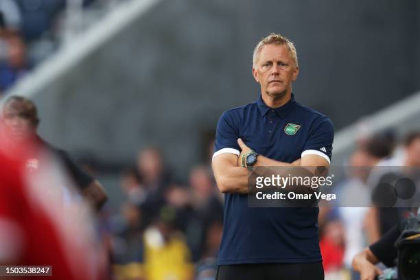 Head Coach Heimir Hallgrímsson of Jamaica gestures during a Group A match between Jamaica and Trinidad & Tobago as part of the 2023 CONCACAF Gold Cup...