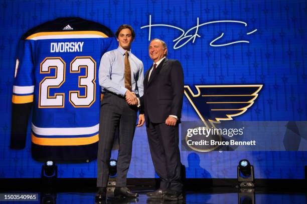 Dalibor Dvorsky is selected by the St. Louis Blues with the tenth overall pick during round one of the 2023 Upper Deck NHL Draft at Bridgestone Arena...