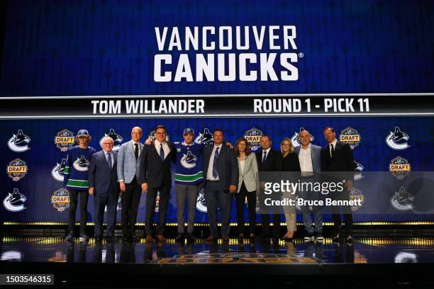 Tom Willander is selected by the Vancouver Canucks with the 11th overall pick during round one of the 2023 Upper Deck NHL Draft at Bridgestone Arena...
