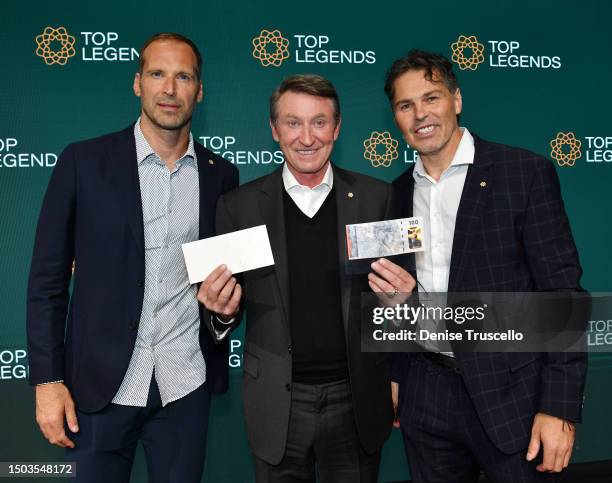 Petr Čech, Wayne Gretzky and Jaromir Jagr attend TOP LEGENDS commemorative value-note® launch at Circa Resort & Casino on June 28, 2023 in Las Vegas,...