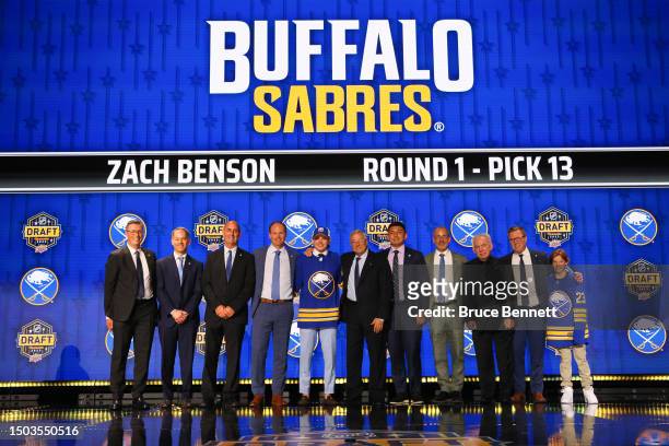 Zach Benson is selected by the Buffalo Sabres with the 13th overall pick during round one of the 2023 Upper Deck NHL Draft at Bridgestone Arena on...