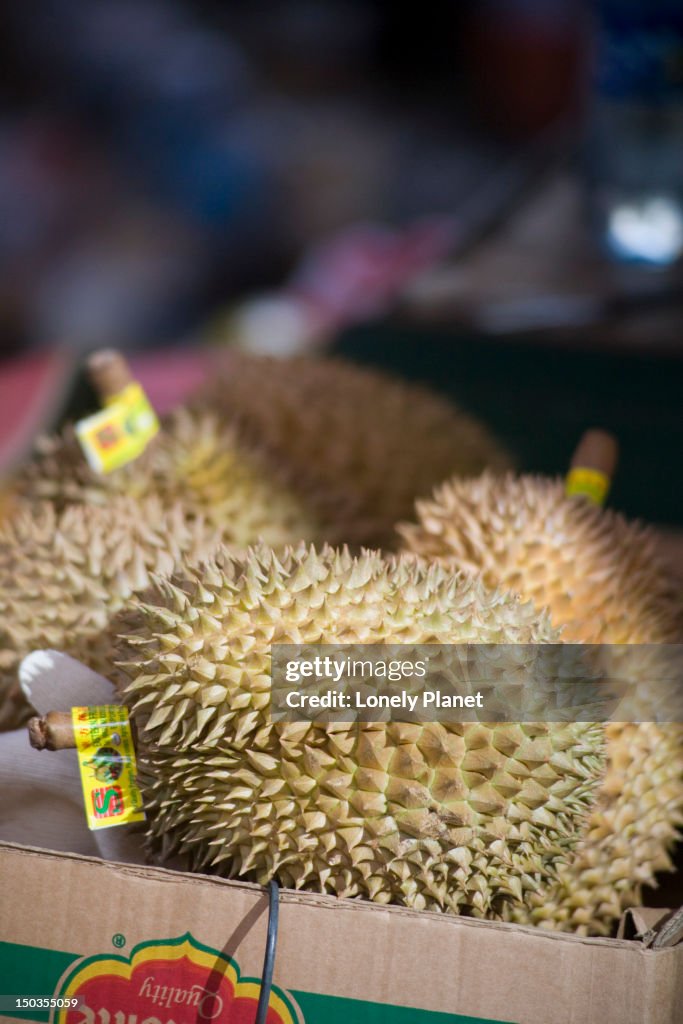 Durian for sale at Graham Street Market, Central.