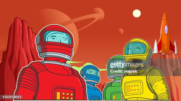 karikatur-astronauten-team auf einem roten planeten-poster stock illustration - gruppenfoto stock-grafiken, -clipart, -cartoons und -symbole