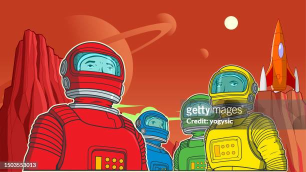 cartoon astronaut team on a red planet poster stock illustration - scientist portrait stock illustrations
