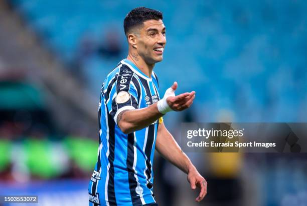 Luis Suarez celebrates a goal during Brasileirao 2023 match between Gremio and America Mineiro at Arena do Gremio on June 22, 2023 in Porto Alegre,...