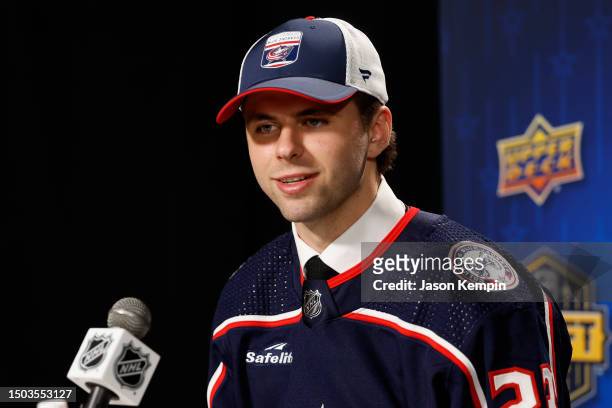 Adam Fantilli speaks to the media after being selected by the Columbus Blue Jackets with the third overall pick during round one of the 2023 Upper...